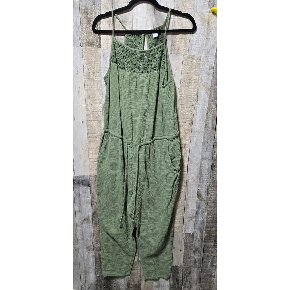 Old Navy Olive Green Gauzy Lace Jumpsuit Jumper XL Gorpcore Minimalist Comfy - Picture 1 of 6